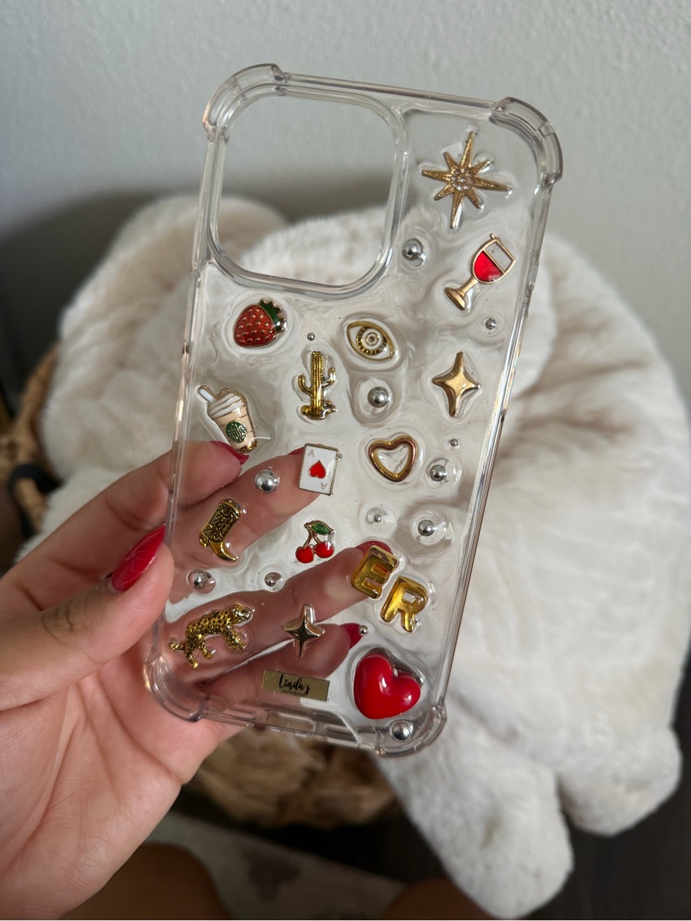 iPhone 16 Pro Max Clear Decorative Phone Case with Gold Charms - Red Accent